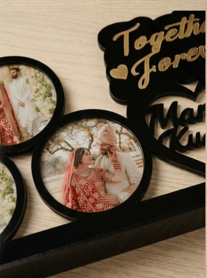 Personalized 3D Acrylic Couple Photo Frame Stand with Gold Mirror Lettering