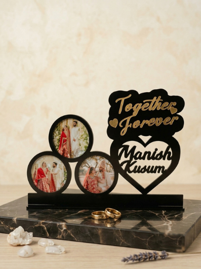 Personalized 3D Acrylic Couple Photo Frame Stand with Gold Mirror Lettering