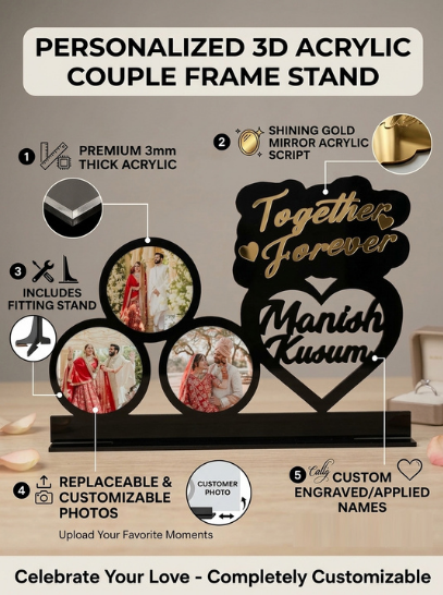 Personalized 3D Acrylic Couple Photo Frame Stand with Gold Mirror Lettering