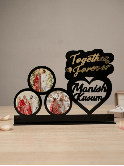 Personalized 3D Acrylic Couple Photo Frame Stand with Gold Mirror Lettering